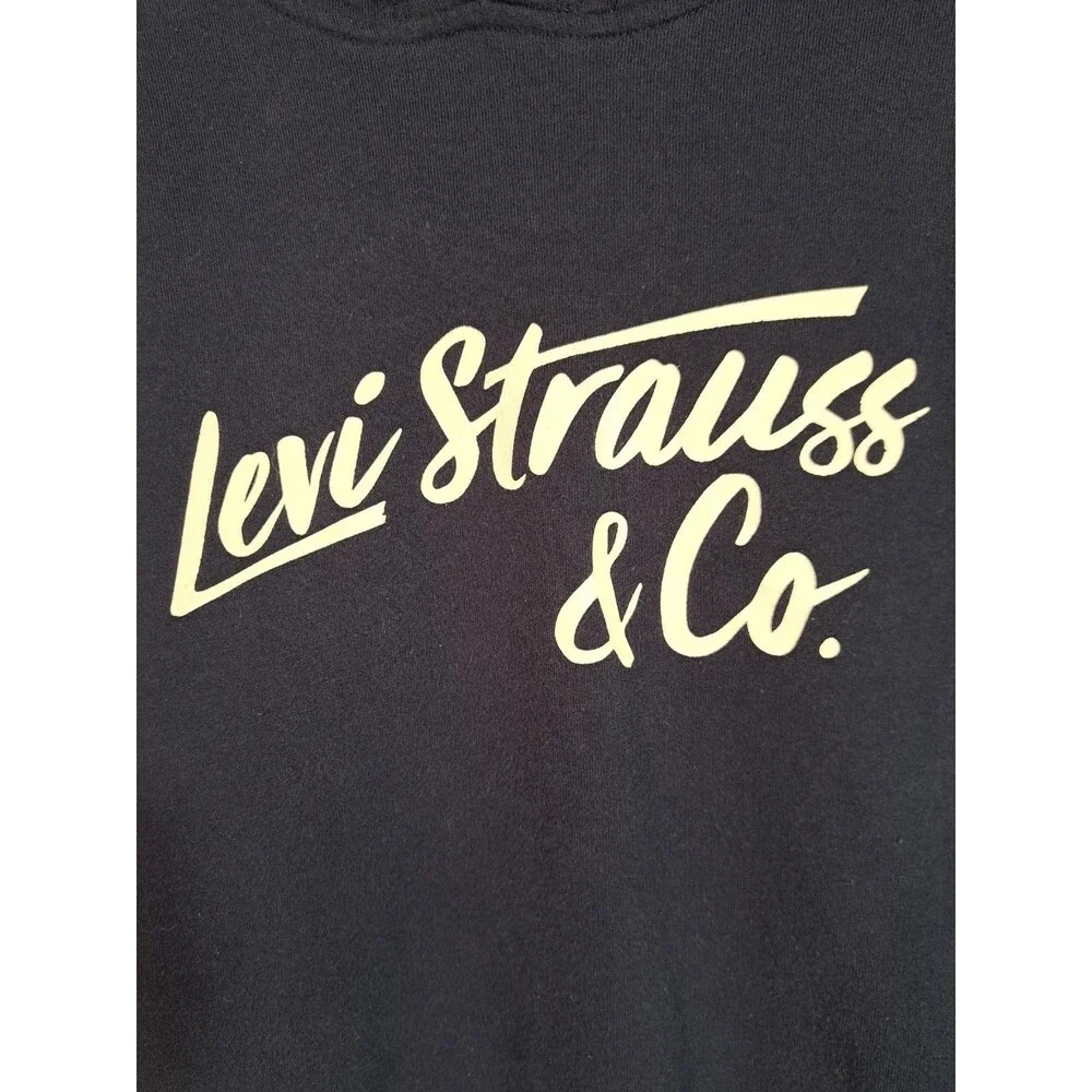 Levi Strauss & Co Hoodie Men Unisex Sz Large Sweatshirt Graphic Script Navy Blue